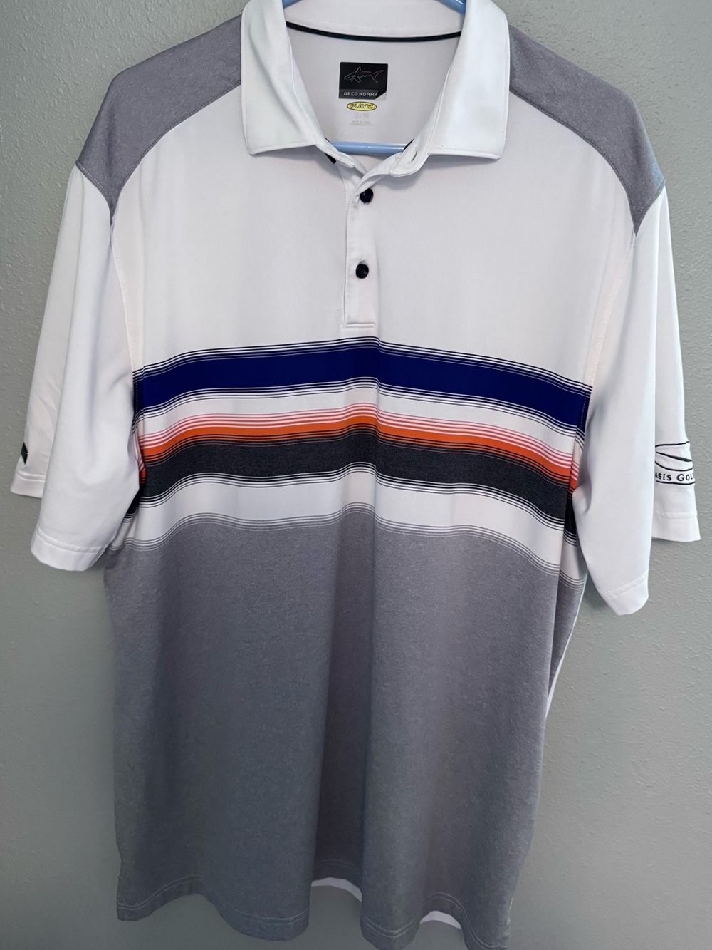 Greg Norman Collection Men’s White, Gray, Navy & Orange Striped Polo